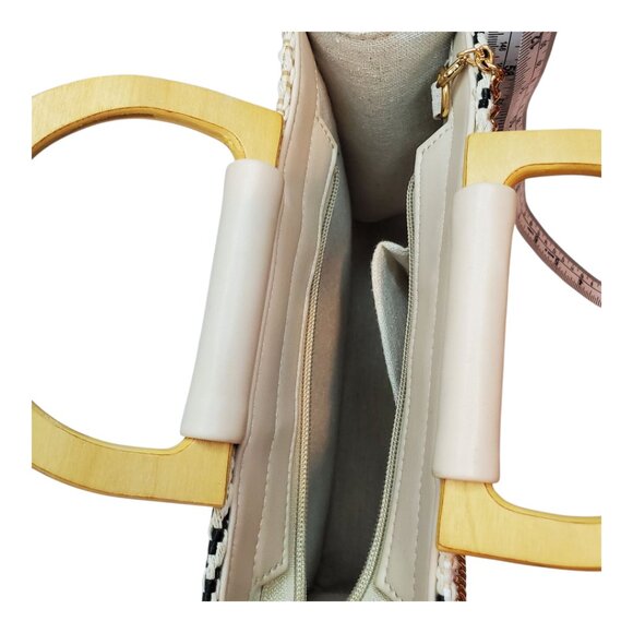 NEW WOVEN Handbag Straw & Natural fiber Striped Wooden Handles Chain Strap - Picture 5 of 9